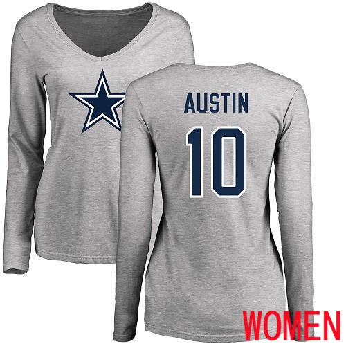 Women Dallas Cowboys Ash Tavon Austin Name and Number Logo Slim Fit #10 Long Sleeve Nike NFL T Shirt